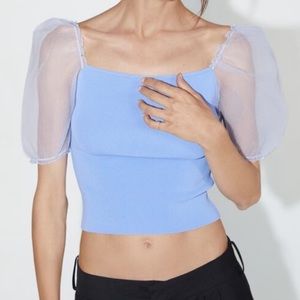 Zara Blue Organza Puff Sleeve Top